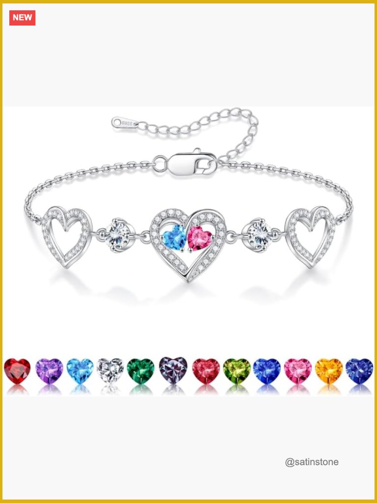 Sterling Silver Heart Birthstone Bracelet - Link Charm Bracelet